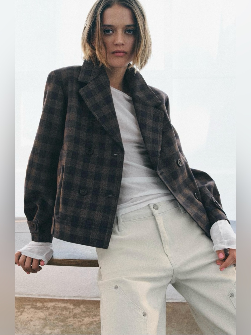 Zara Double-Breasted Brown Plaid Pea Coat